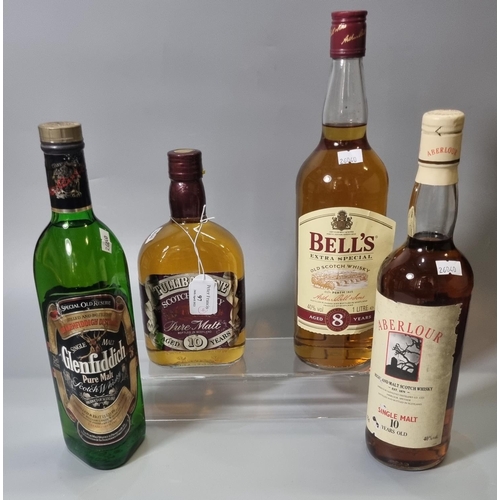 97 - Four bottles of Scotch whisky to include: Bell's 8 years old (1L), Aberlour single malt 10 years old... 