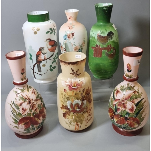 99 - Collection of late Victorian opaline glass vases, all hand painted with flowers, rooster and birds. ... 