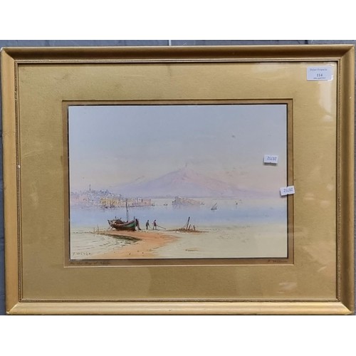 114 - T Wilson (?), Italianate landscape with Vesuvius and Bay of Naples, watercolours. Signed.  23x34cm a... 