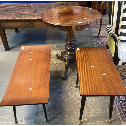 521 - 19th century mahogany tripod table together with two similar probably Danish teak bentwood and eboni... 