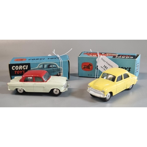 101 - Vintage Corgi Vauxhall Velox Saloon 203 together with an Austin Cambridge Saloon 201, both in origin... 