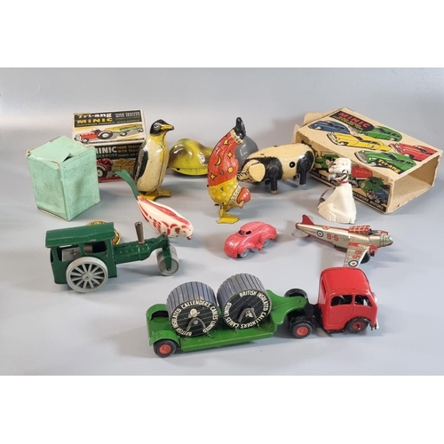 113 - Collection of mainly tin plate toys, to include: clockwork animals, Tri-ang Minic farm tractor with ... 