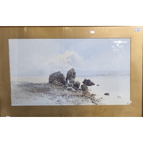 116 - Giallina (?), coastal landscape with rocky shoreline, signed.  Watercolours.  41x71cm approx.  Frame...