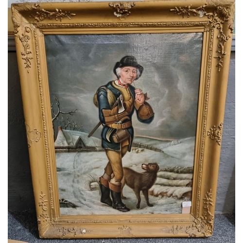 117 - Continental school, portrait of a man with clay pipe and axe, hound at his heel in a winter landscap... 