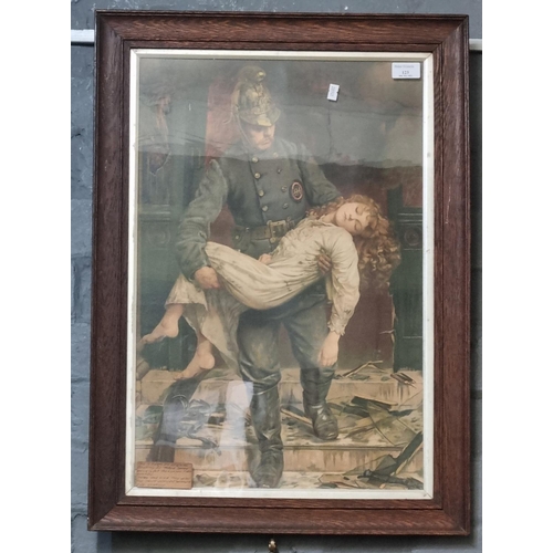 123 - After Massy Shaw, study of a fireman rescuing a young girl, coloured print.  Framed and glazed.  (B.... 