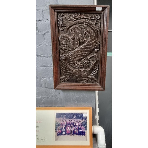 129 - 19th century carved oak panel depicting stylised Dolphin amongst seaweed.  52x30cm approx.  Framed. ... 