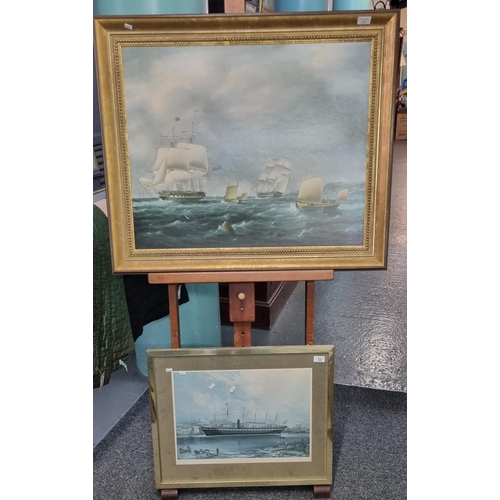 133 - After J E Buttersworth, 'Off the Coast', coloured print.  62x76cm approx.  Gilt frame, together with... 