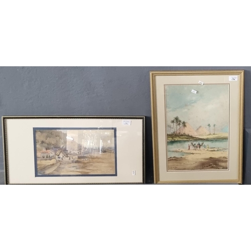 136 - Ethel Duwcane, desert scene with pyramids and Arabs with camels, signed, watercolours.  43x29cm appr... 