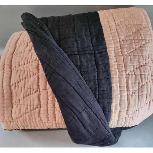 152A - Handmade light pink and black cotton quilt, pink inner with sewn in diamond patterns and black edgin... 