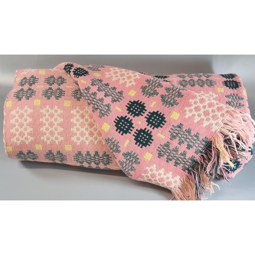 153 - Vintage woollen Welsh tapestry pink ground blanket or carthen with traditional Caernarfon design and... 