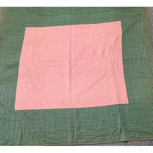 154A - Handmade antique cotton Welsh quilt in pink and green with pink square centre and green edge, sewn i... 