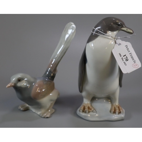 170 - Lladro Spanish porcelain study of a penguin together with another of a bird, possibly a wagtail.  (2... 