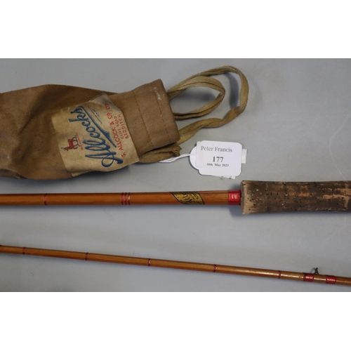 177 - Vintage two piece split cane Allcocks fishing rod with bag.  (B.P. 21% + VAT)