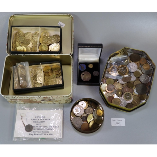 182 - Collection of GB coins and tokens, to include: Edward Prince of Wales Medallion 1895, John Hall Toke... 