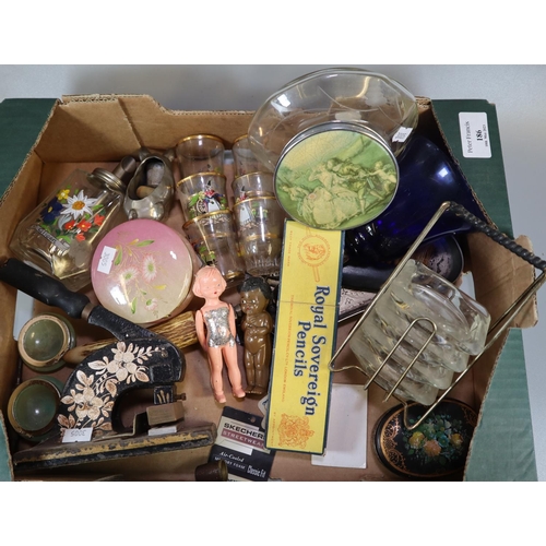 186 - Box of oddments, to include: liqueur glasses, dressing table items, Victorian embosser, thimbles etc... 