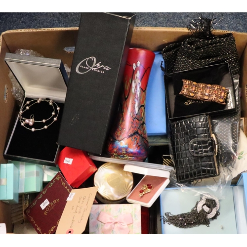 190 - Box of assorted costume jewellery, okra vase, silver dwarf candlestick etc.  (B.P. 21% + VAT)