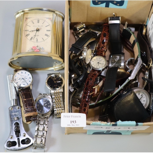 193 - Box of assorted modern wristwatches together with a modern quartz carriage clock.  (B.P. 21% + VAT)