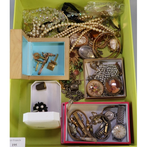 195 - Box of assorted costume jewellery, ladies watches, cufflinks etc.  (B.P. 21% + VAT)