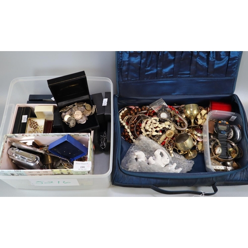 199 - Collection of oddments, mainly costume jewellery, watches and watch parts, bracelets, brooches, tabl... 