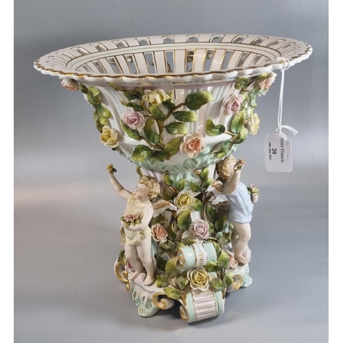 20 - Early 20th century Von Schierholz porcelain figural comport, the basket bowl applied with roses and ... 