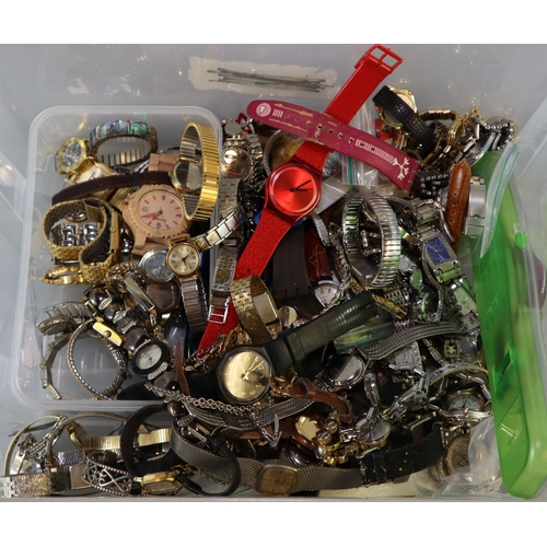 201 - Plastic box comprising large collection of various modern watches to include: Swatch, fob watches on... 