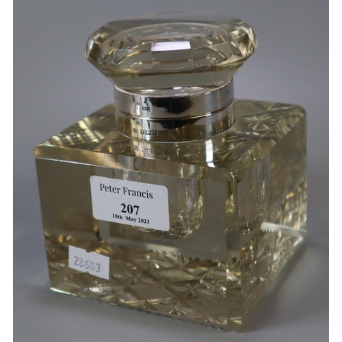 207 - Large glass desk inkwell of square form with silver collar.  (B.P. 21% + VAT)