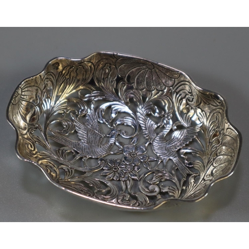 210 - Early 20th century silver pierced dish with exotic birds amongst foliage by Samuel Boyce Landeck (Du... 