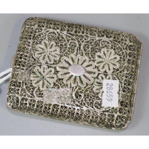 212 - White metal filigree cigarette/calling card case decorated with flowerheads.   (B.P. 21% + VAT)