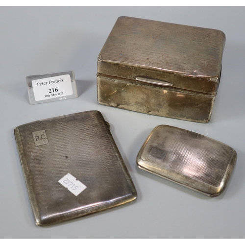 216 - Early 20th century silver cigarette box together with two silver engine turned cigarette cases.  5.6... 