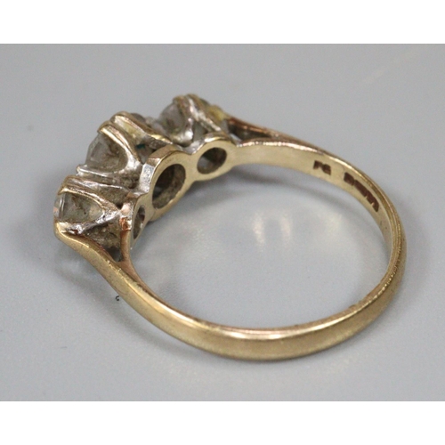 233 - 9ct gold three stone dress ring, size I, 2g approx.  (B.P. 21% + VAT)