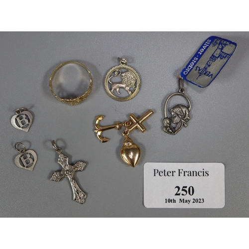 250 - 9ct gold collection of charms, to include: cross, heart and anchor, 1.6g approx.  together with a sm... 