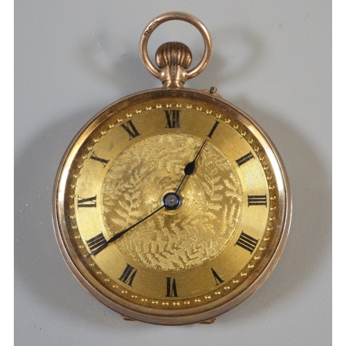 267 - 19th century 9ct gold outer cased fancy keyless fob watch with engine turned Roman face and foliate ... 