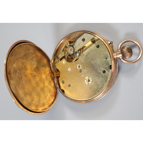 267 - 19th century 9ct gold outer cased fancy keyless fob watch with engine turned Roman face and foliate ... 