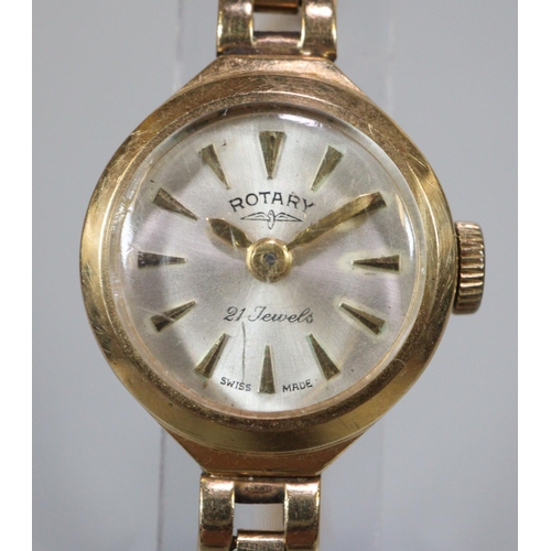 268 - Rotary 9ct gold small head ladies bracelet watch, having satin face with baton numerals and articula... 