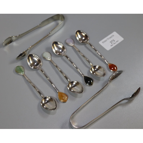 273 - Set of sterling silver bamboo design coffee spoons with semi-precious stone set terminals together w... 