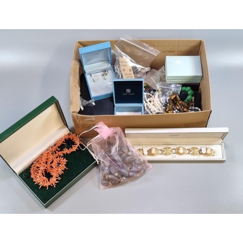 287 - Box of silver and gem set jewellery and pearls, coral necklace etc. 
(B.P. 21% + VAT)