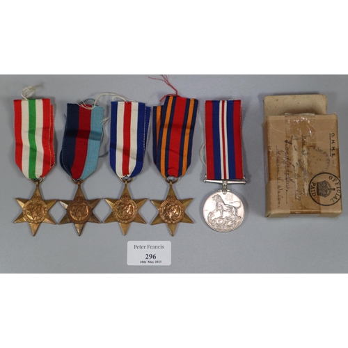 296 - Collection of WWII Medals, to include: 1939-45 War Medal, 1939-45 Star, France and Germany Star, Ita... 