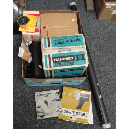 327 - Box of film equipment including; a projector screen, a Hanimex Super 8 Zoom, Plusmatic Super 8 movie... 