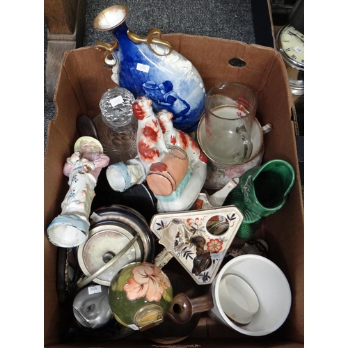 329 - Box of assorted china and glass to include: Royal Doulton blue children vase, Dartmouth Devon fish s... 