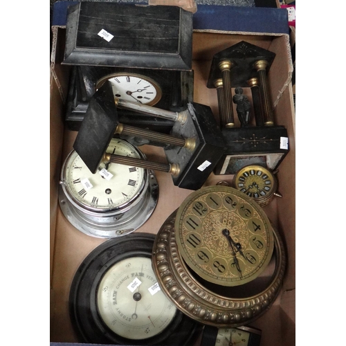 330 - Box of assorted clocks and garnitures to include: wooden black lacquered mantel clock, hardstone and... 