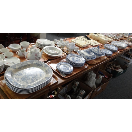 334 - Five trays of blue and white china to include: various meat plates; Asiatic Pheasants, Llanelly pott... 