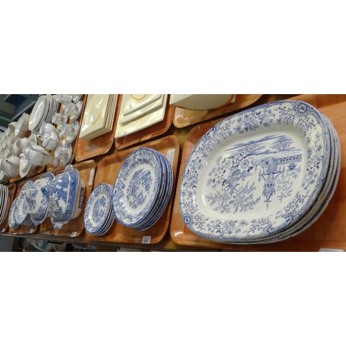 334 - Five trays of blue and white china to include: various meat plates; Asiatic Pheasants, Llanelly pott... 