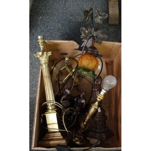 356 - Box comprising assorted modern table lamps of figural design brass finish etc.  together with a pair... 