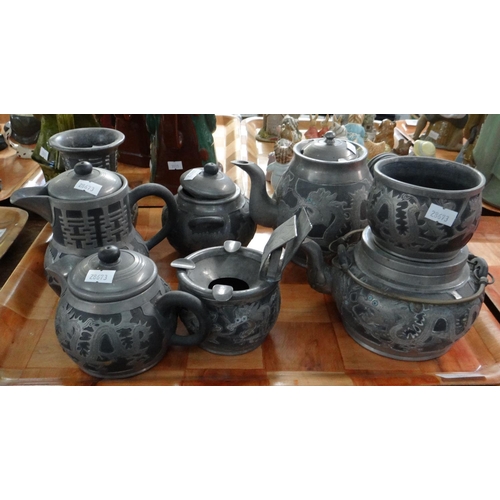 361 - Eight piece Chinese tea ware and other items, overlaid with white metal dragon mounts, ceil mark to ... 