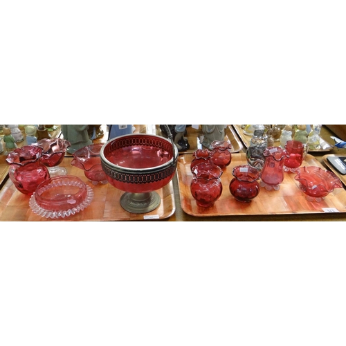 362 - Two trays of mainly Victorian cranberry glass items together with a paperweight in the form of an ow... 