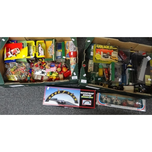 370 - Two boxes of assorted diecast model vehicles and other toys, to include: Corgi, Scalextric Goodyear ... 