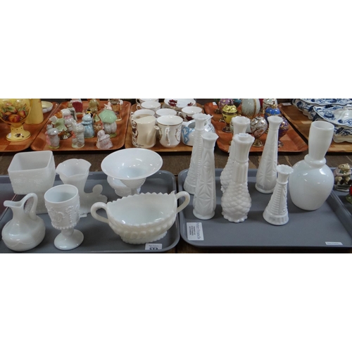 377 - Two trays of assorted Victorian Milk Glass items: vases, comport, goblet etc.  Together with a tray ... 