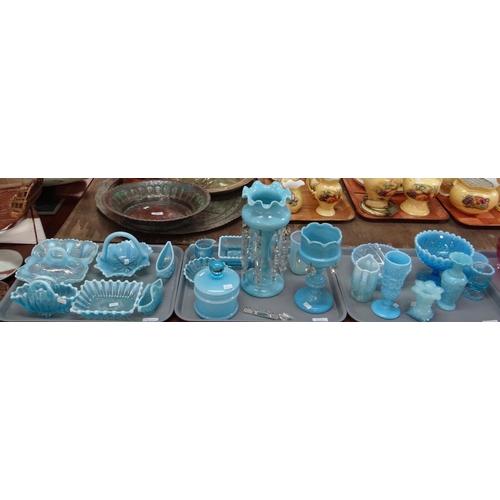 379 - Collection of blue opaline and other glassware, to include: Lustre vases, jugs, compote, lidded jar ... 