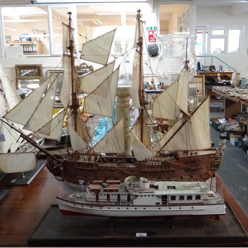 383 - Well made scale model of 'HMS Victory' or similar, overall 1m long approx.  Fully rigged with sail. ... 