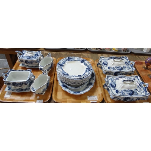 391 - W Adams & Co. Art Nouveau design blue and white transfer printed part dinner service: tureens, plate... 